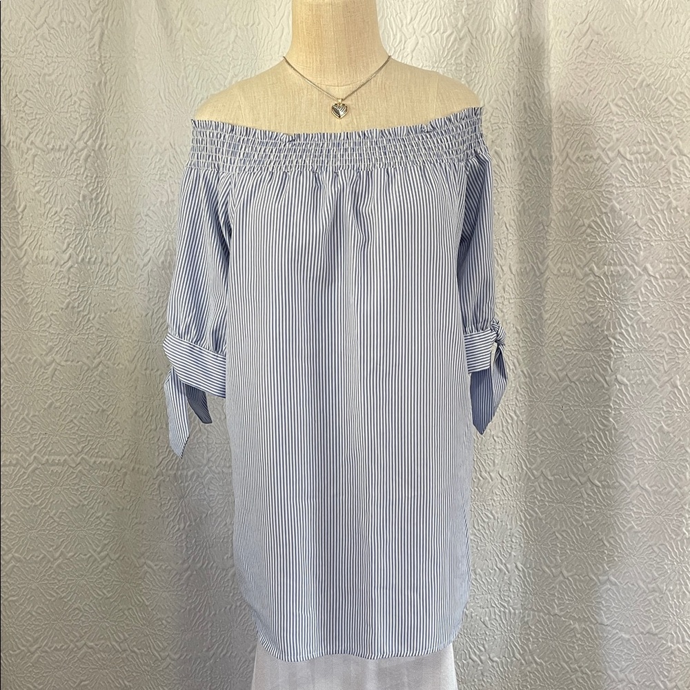 J for Justify Blue Pinstripe Off-Shoulder Blouse